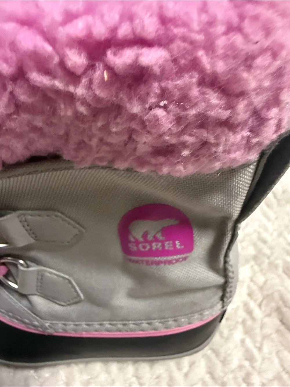 Sorel Kids Gray and Pink Fuzzy Cuff Snow Boot
